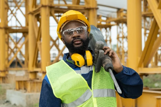 Construction worker holding a demolition tool