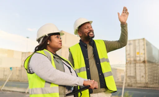 Construction workers collaborating at an industrial site