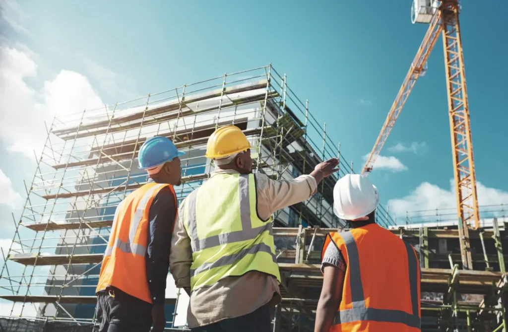 Workers overseeing building construction