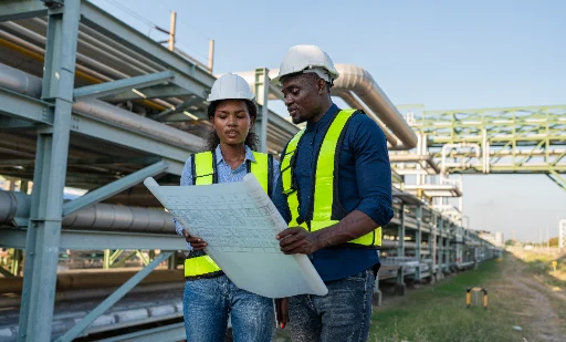 Engineers in hard hats reviewing blueprints