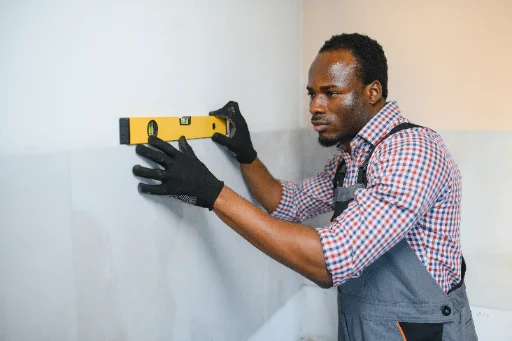 Worker checking an interior wall with a level