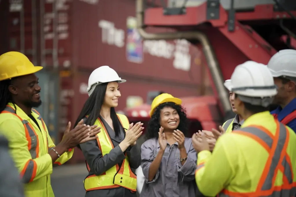 Team celebrating at a shipping dock