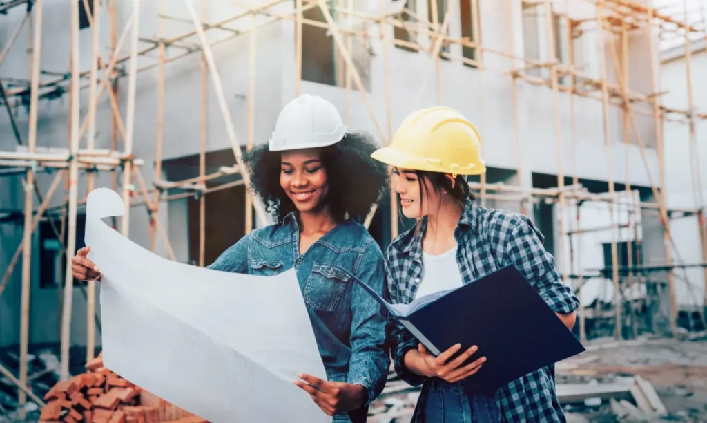 Women reviewing building plans at a construction site